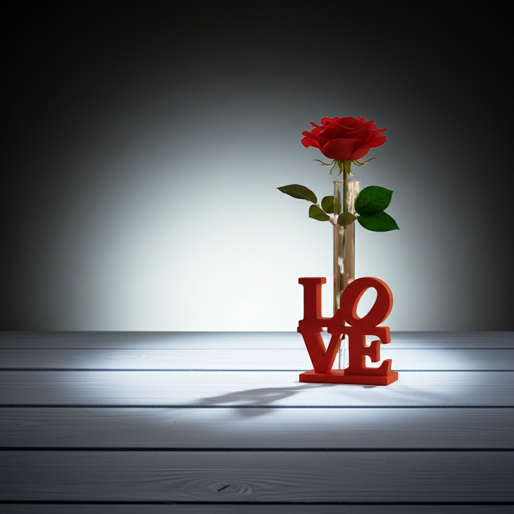 Stativ „LOVE” Roșu cu Eprubetă 16 mm – Suport Trandafir (Cadou Romantic)