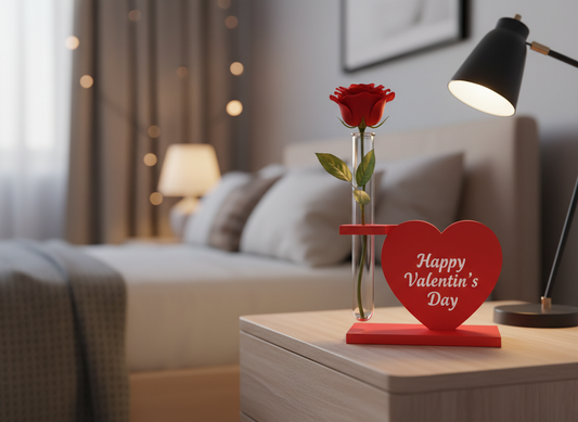 Decor Romantic cu Trandafir – Suport Inimă 3D + Eprubetă 16 mm